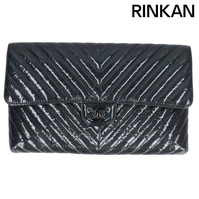 シャネル シェブロン Vステッチパテントレザー黒金具クラッチバッグ メンズ