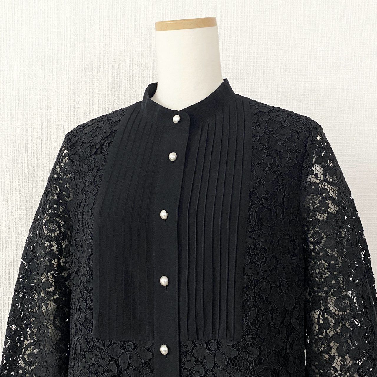 Rene レース×ツイード パールボタン ワンピース 長袖 ブラック 36