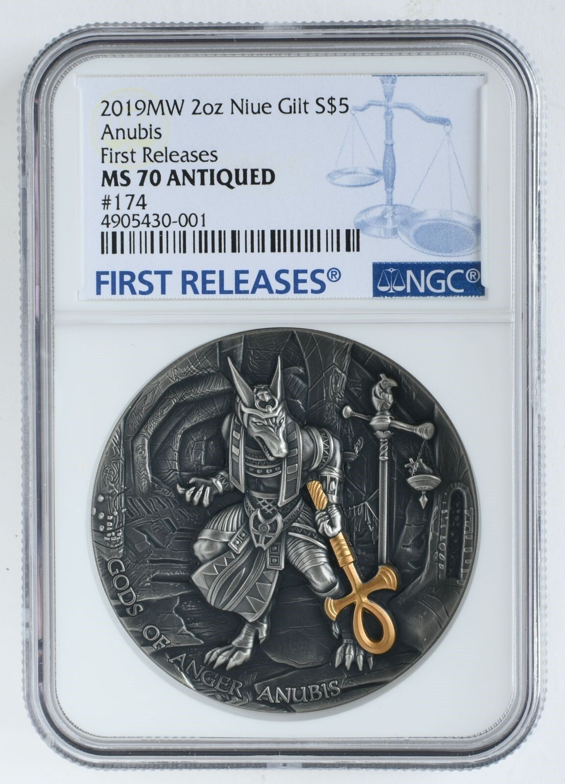 Niue 2019-MW Gilt Silver $5 Anubis NGC First Releases MS70 Antiqued 2 oz. Coin