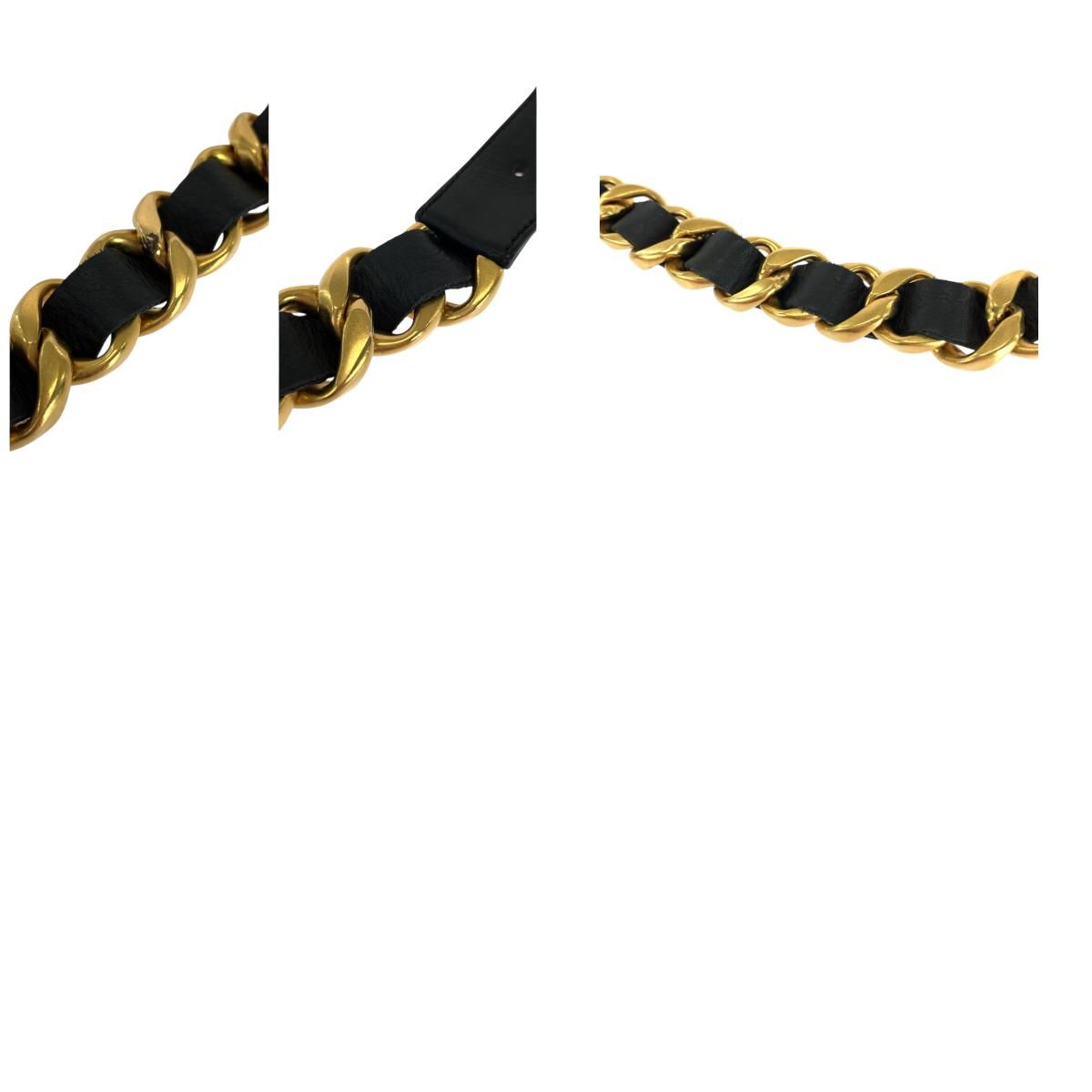 ☪ CHANEL シャネル ヴィンテージ 75|30 ブラック 黒 ゴールド金具 レザー チェーンベルト 96 P刻印 レディース 502972