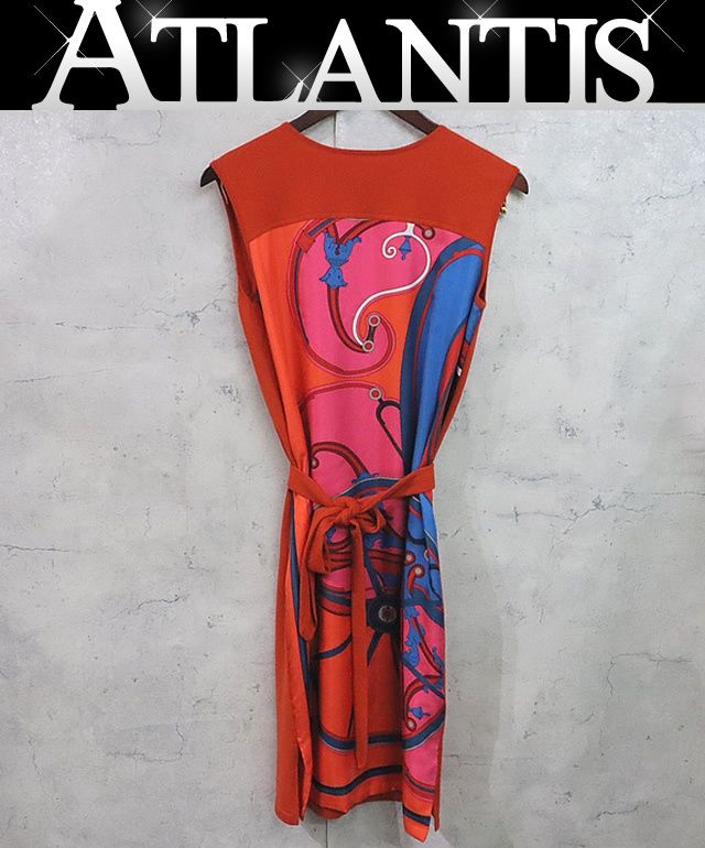 広尾店 エルメス HERMES 切替ベルト付きワンピース シルク×ウール size34 17216