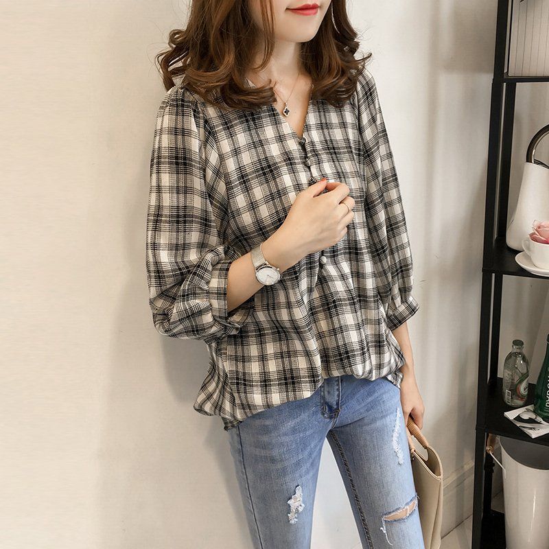 柄シャツ ブラウス レディース 7分袖 着やせ 襟付き パフスリーブ 落ち感 エレガント 着痩せ 体型カバー おしゃれ 可愛い きれいめ ワイシャツ カジュアル 七分袖 シャツブラウス チェック柄 Vネック レディース ゆったり