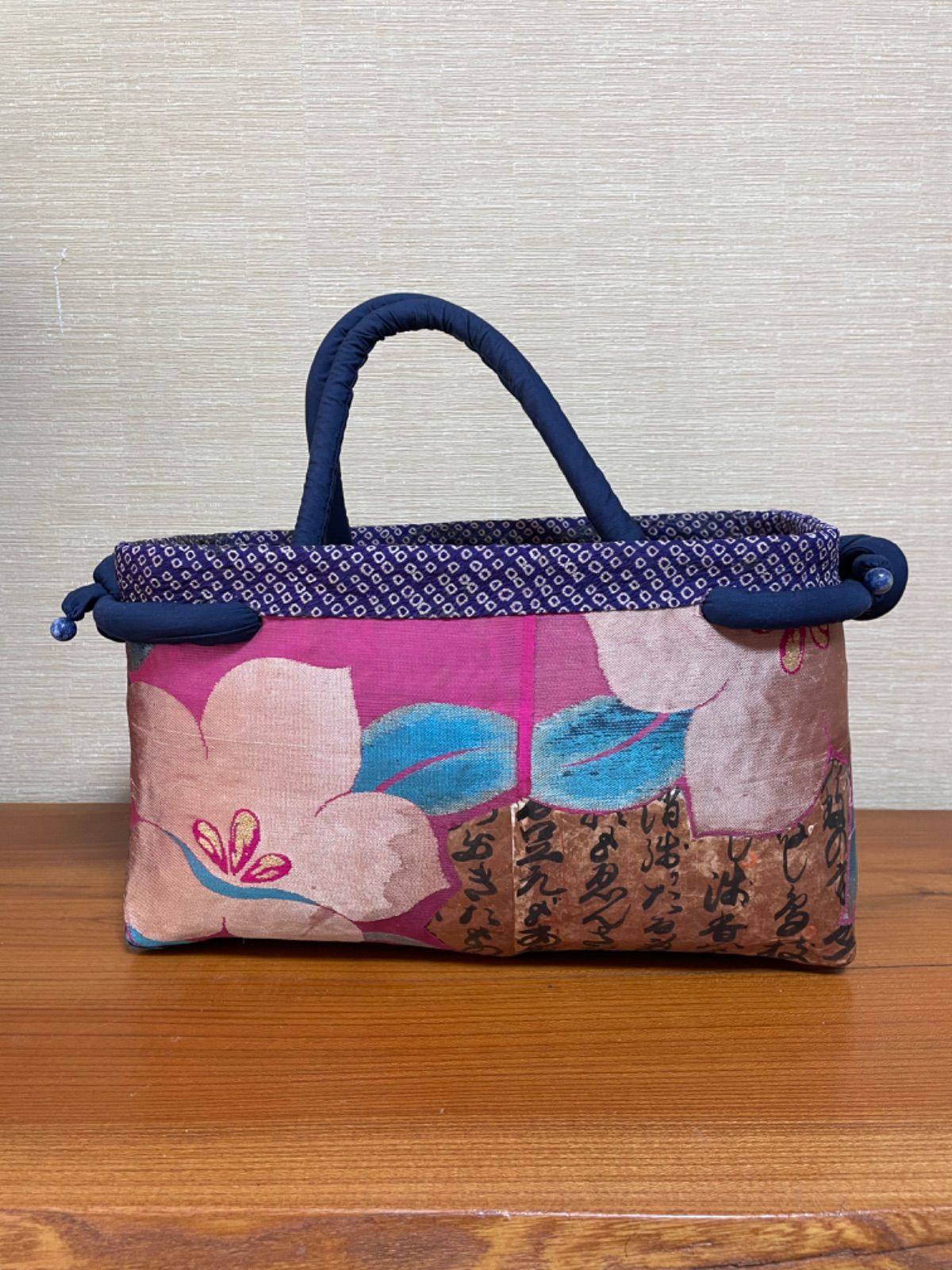 一貫張り(一閑張り)かごバッグ 大きいサイズ 花 紫 一閑張り 一閑張り