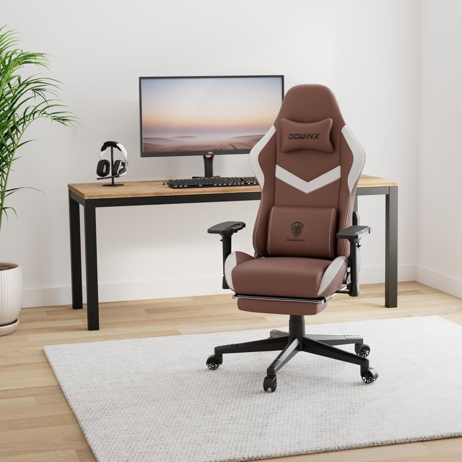 Dowinx ゲーミングチェア ファブリック オットマン付き オフィスチェア パソコンチェア リクライニング 4Dアームレスト デスクチェア ゲーム用チェア フットレスト ヘッドレスト ランバーサポート ポケットコイル ブラウン LS-6668B-05
