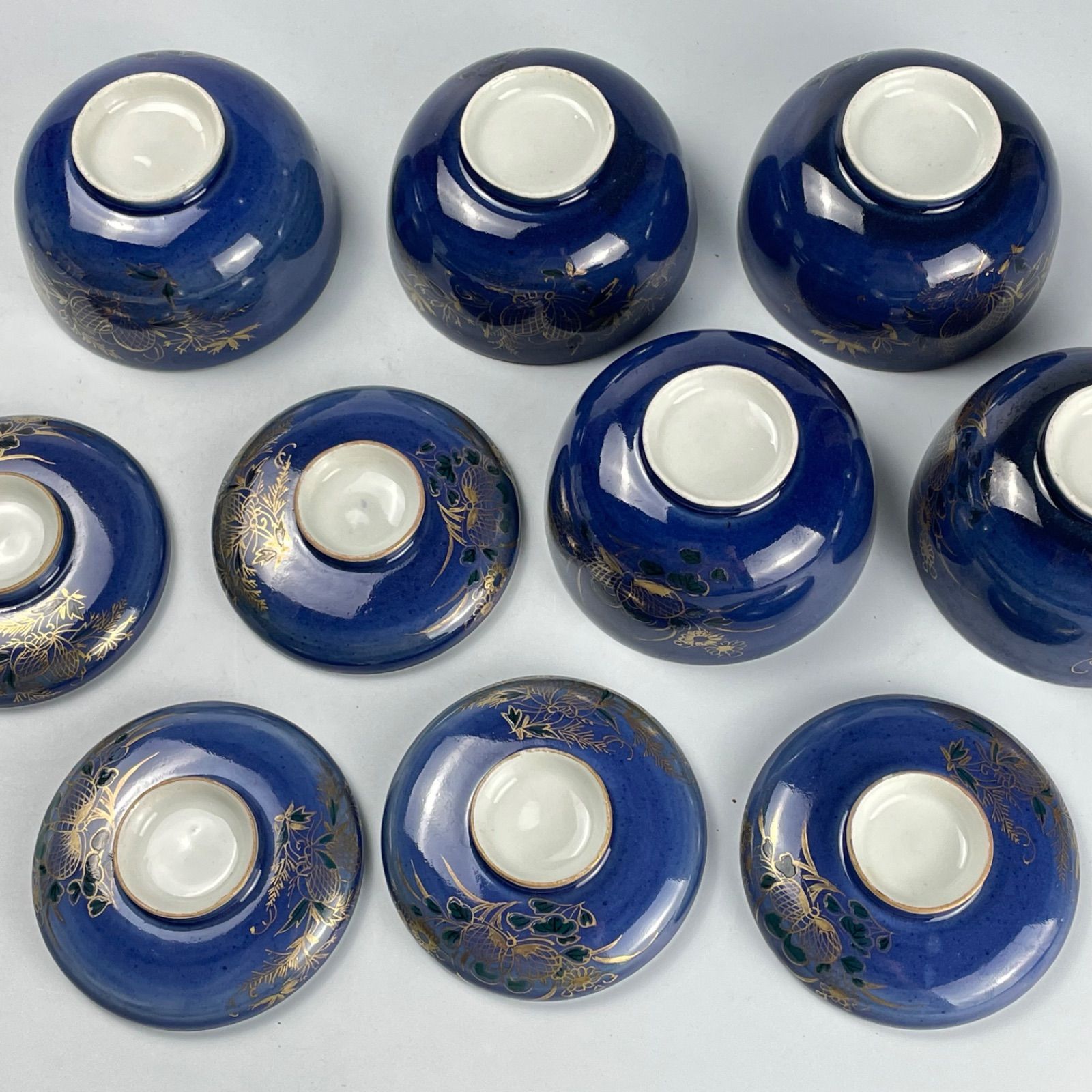 684 瑠璃釉 金彩 蝶 古伊万里 伊万里焼 骨董 アンティーク 蓋茶碗 5客 
