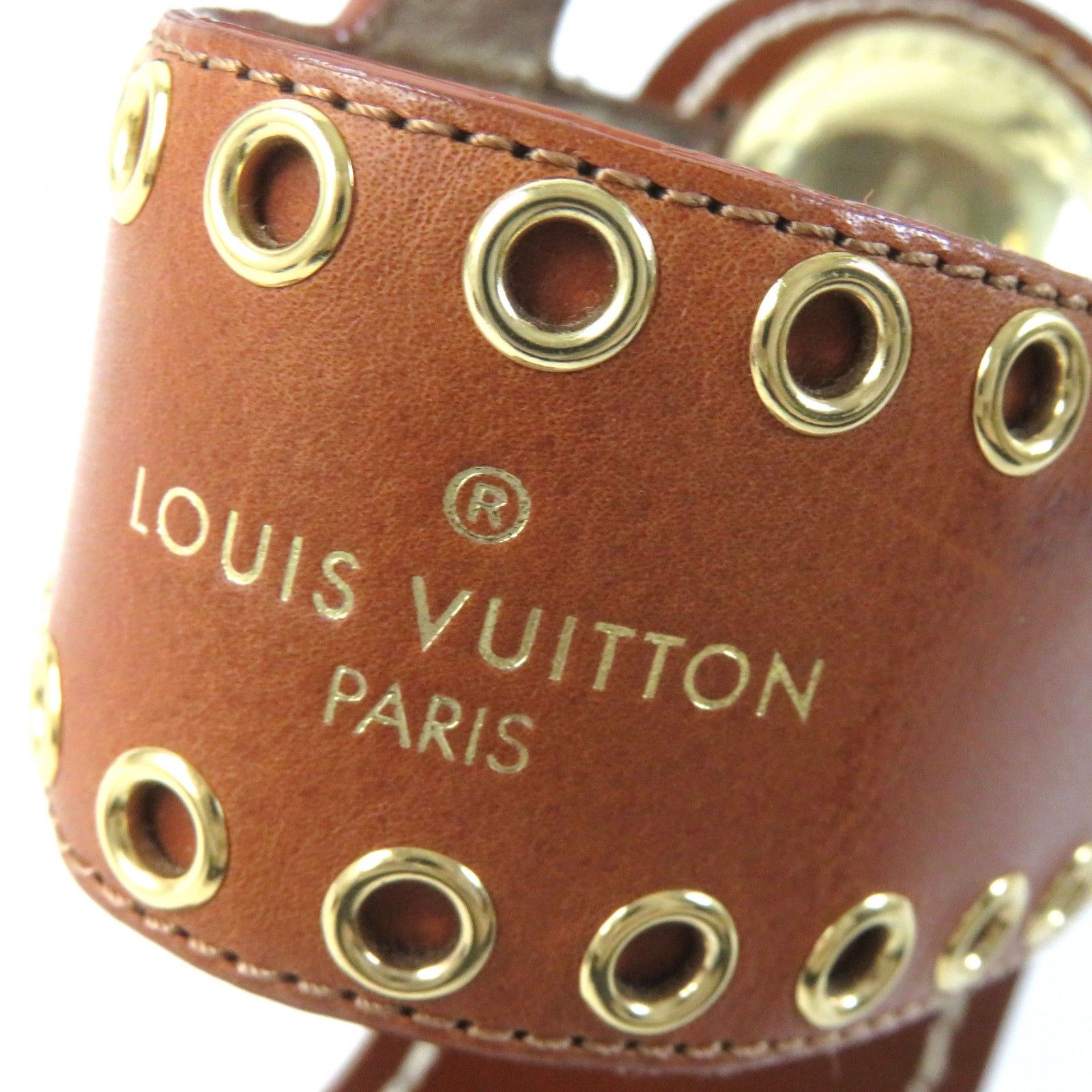 未使用品△LOUIS VUITTON ルイヴィトン 1A642L パッセンジャーライン レザー モノグラム サンダル チャンキーヒール ブラウン  38.5 イタリア製 レディース