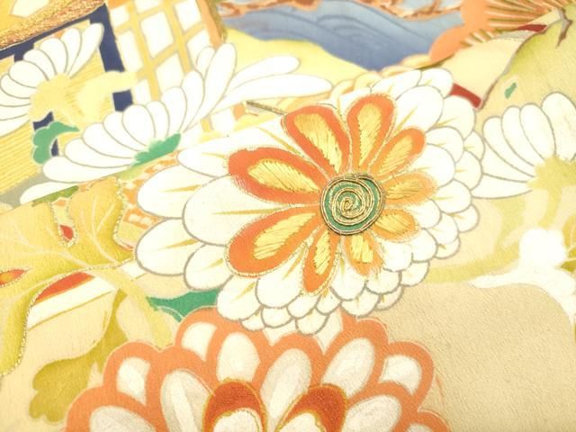 アンティーク 立涌に季節の花々 金駒刺繍 金彩 単衣 正絹 振袖 着物 平和屋着物○アンティーク 大正ロマン 振袖 駒刺繍 立波御所車