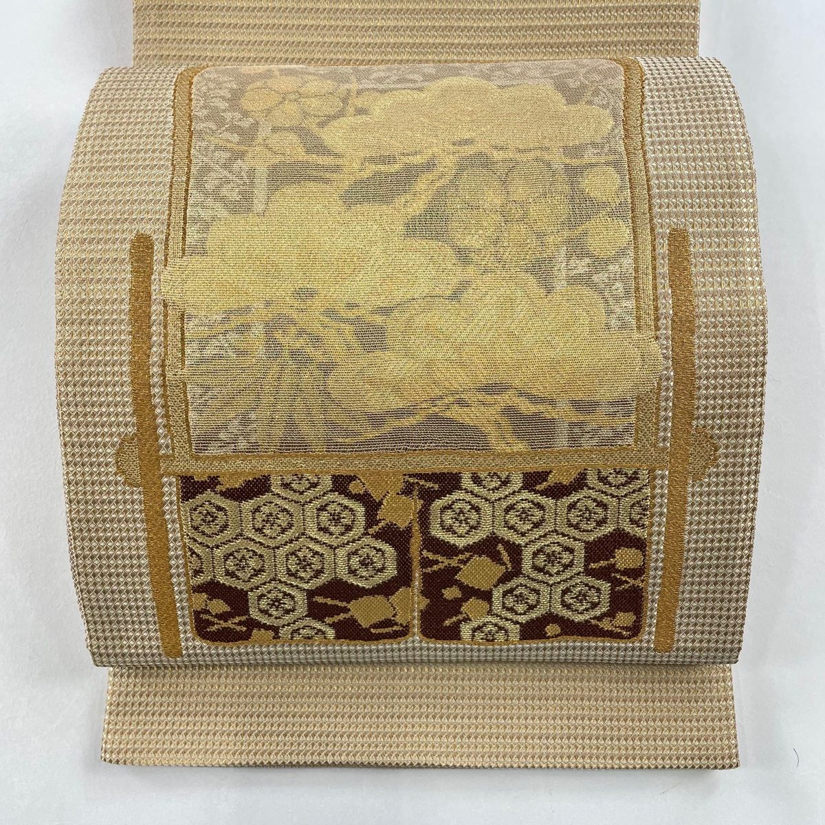 袋帯 名品 御所車 金糸 薄茶色 お太鼓柄 正絹