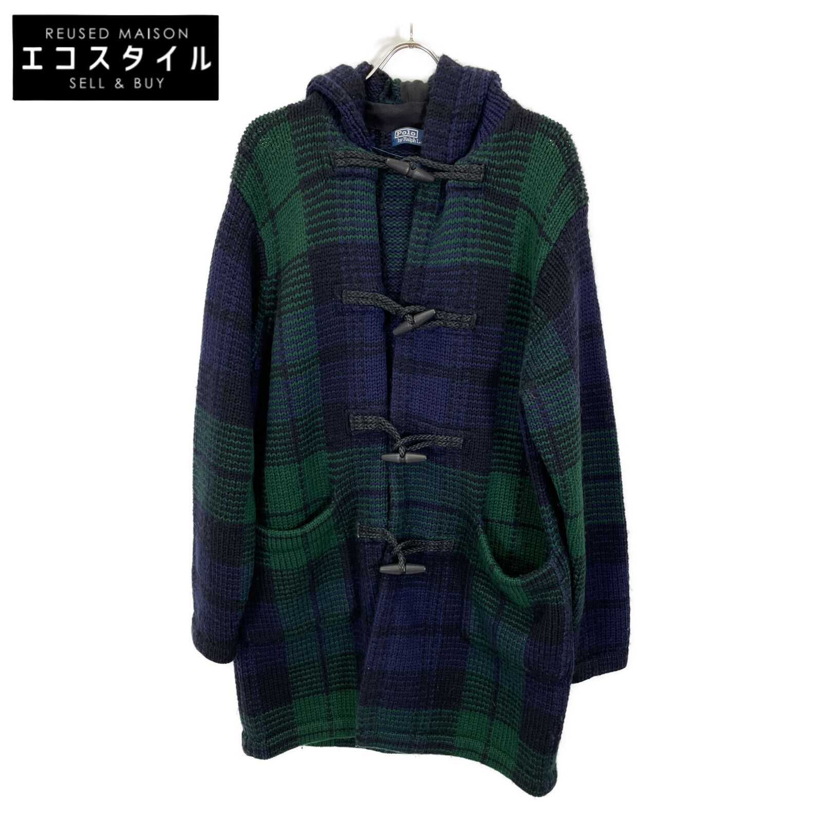 ☢ POLO RALPH LAUREN ポロ ラルフローレン ﾈｲﾋﾞｰ×ｸﾞﾘｰﾝ ｳｰﾙ100 ﾁｪｯｸ ﾆｯﾄﾀﾞｯﾌﾙｺｰﾄ M