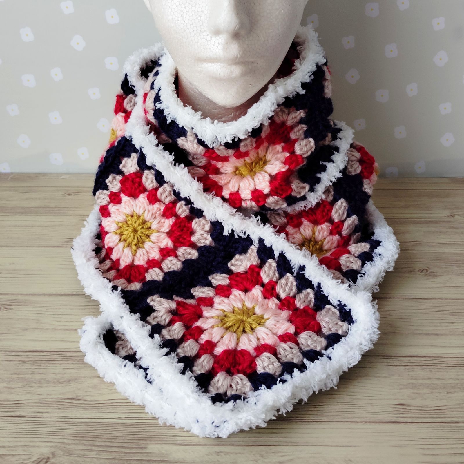 マフラー 手編み ロングマフラー かぎ針編み モチーフ編み