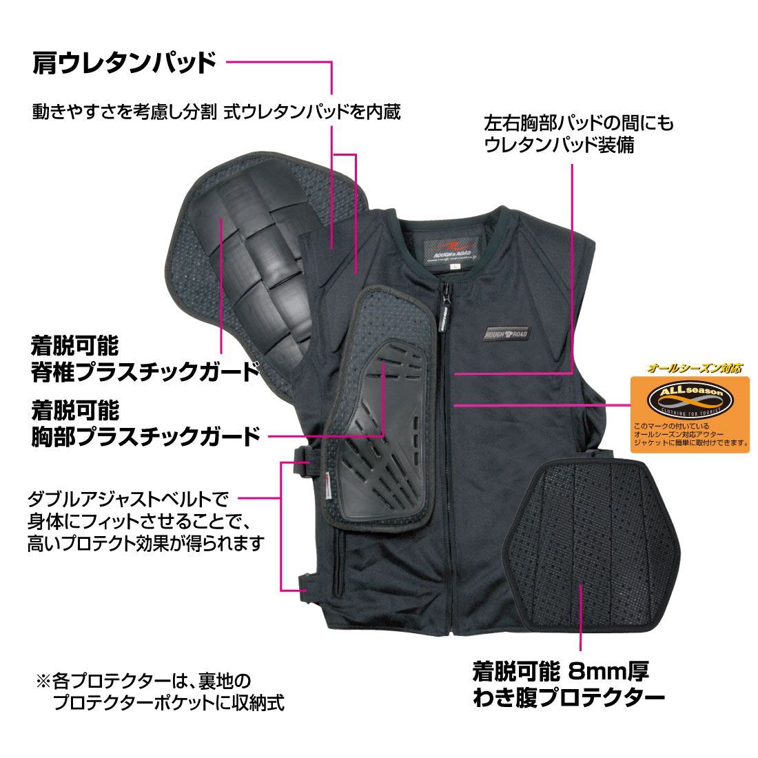撮影サンプル処分 半額 ラフアンドロード RR10061 ボディプロテクターベスト 胸部 脇腹 脊椎パッド標準装備 バイク インナー アウター ROUGH-ROAD ラフ＆ロード