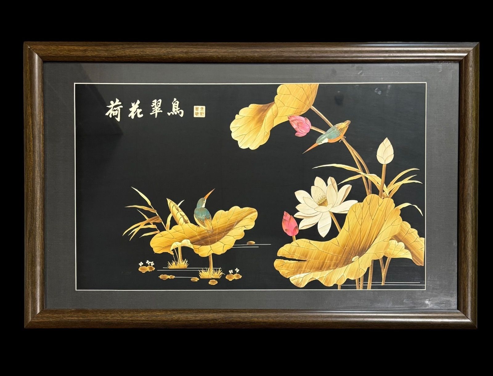 中国現地買入 おしどり 切り絵 貼り絵 中国 鴛鴦 蓮 風景 額 版画 アート イラスト 中国雑貨 アンティーク