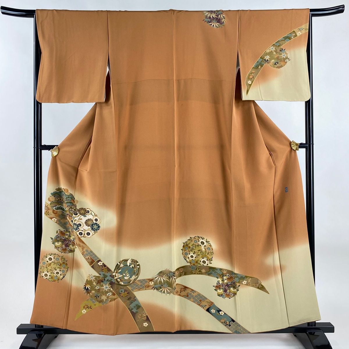 訪問着 身丈157cm 裄丈65cm M 袷 田村哲彦 落款 花丸文 松竹梅 ぼかし オレンジ 正絹 秀品