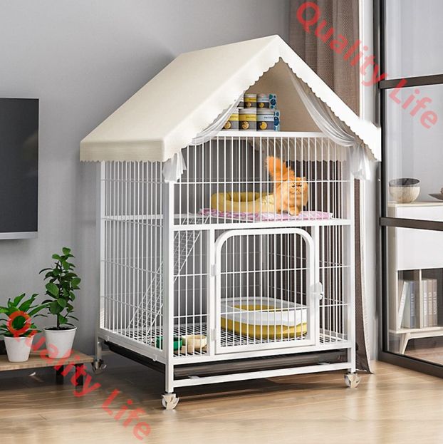 猫 ケージ 2段 キャスター付き 大容量 取り外し 屋根付き トレイ付き 猫用ケージ 大型 動物用ケージ 組立簡単 折り畳み式 移動便利 シンプル 猫のゲージ Size 78*55*140-w cm