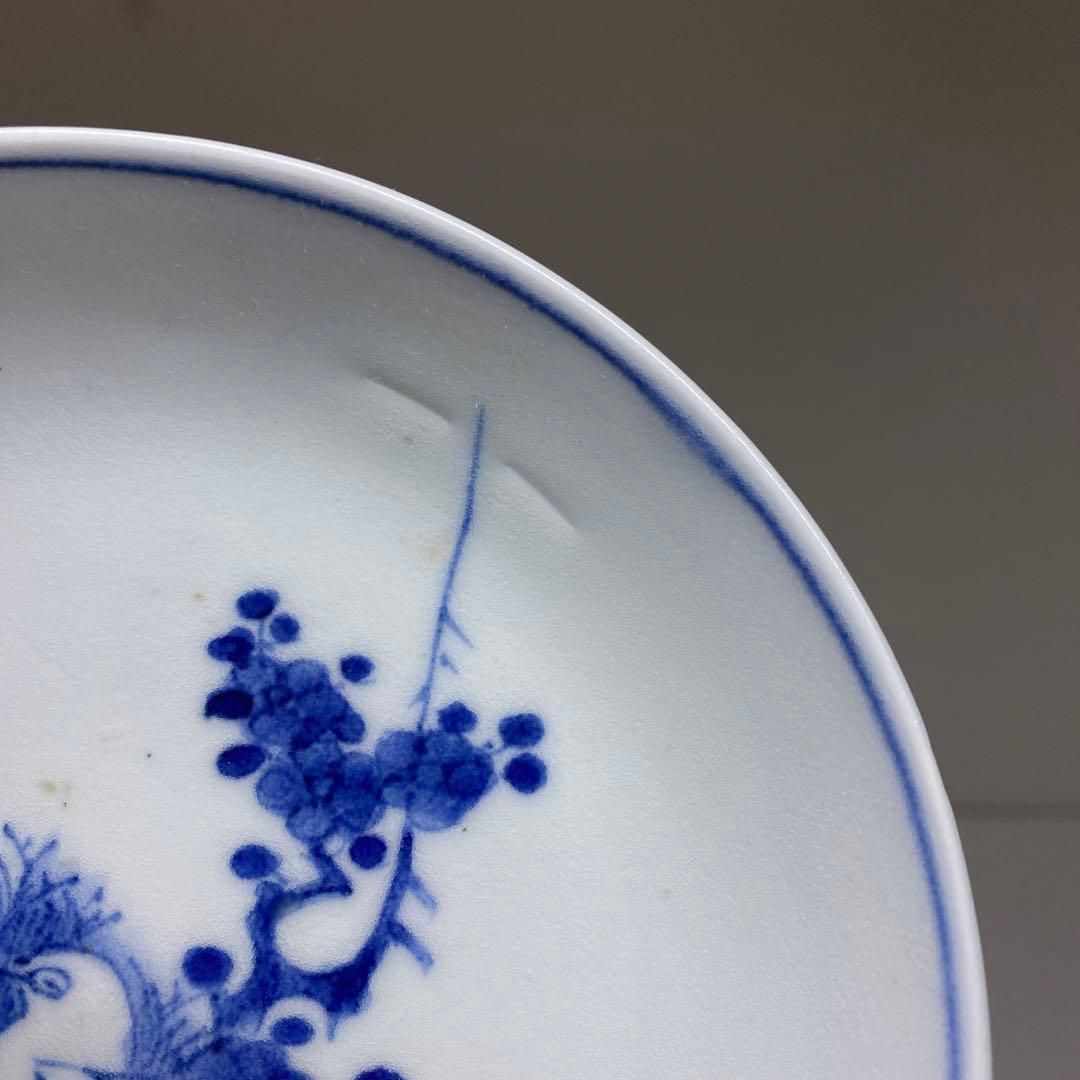 江戸中期 藍九谷上手鷺の図中皿 木箱付 幅約14.5㎝ 東Y6-0910☆2F