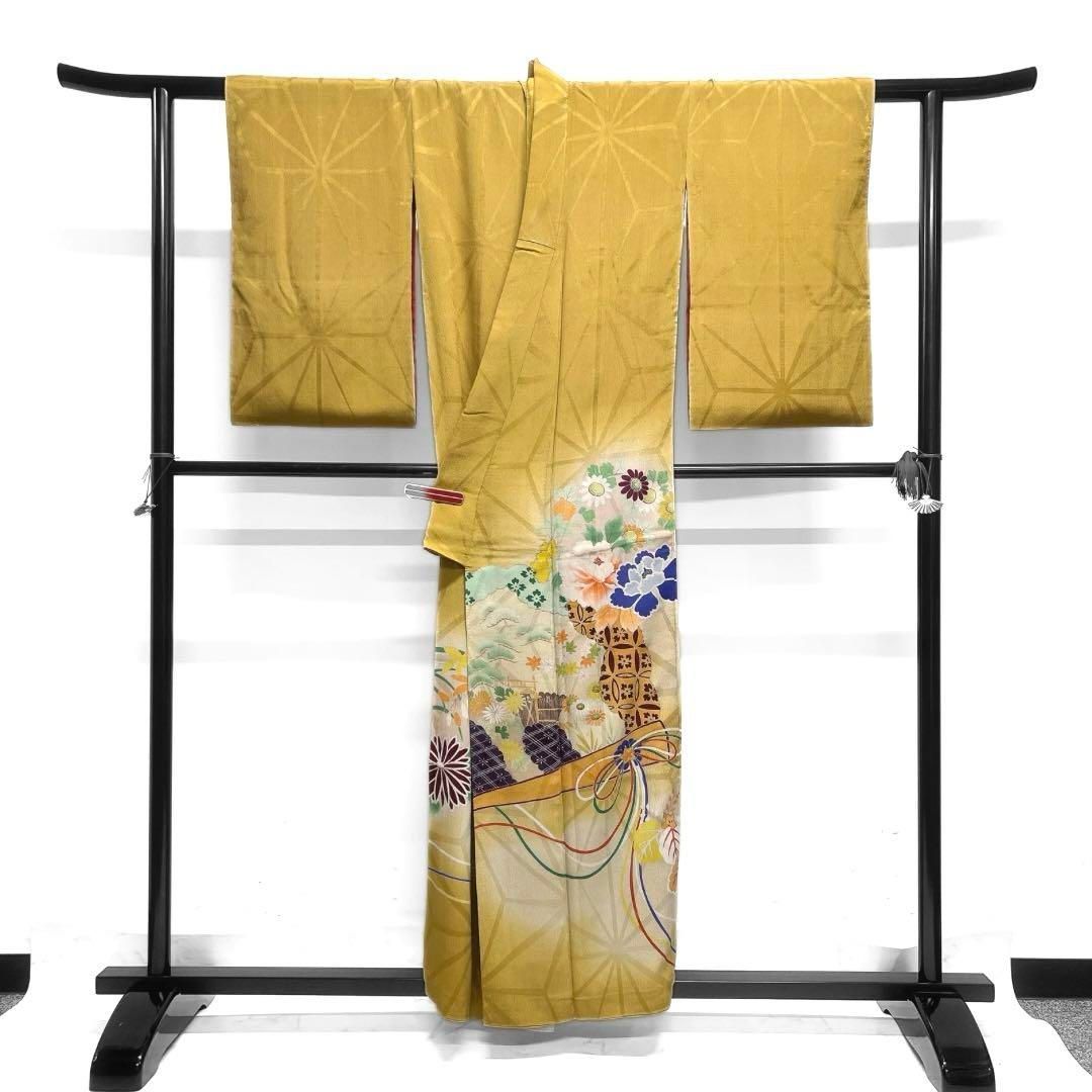 アンティーク 付け下げ 刺繍 花模様 扇 水引 麻の葉地紋 着物 014a d  