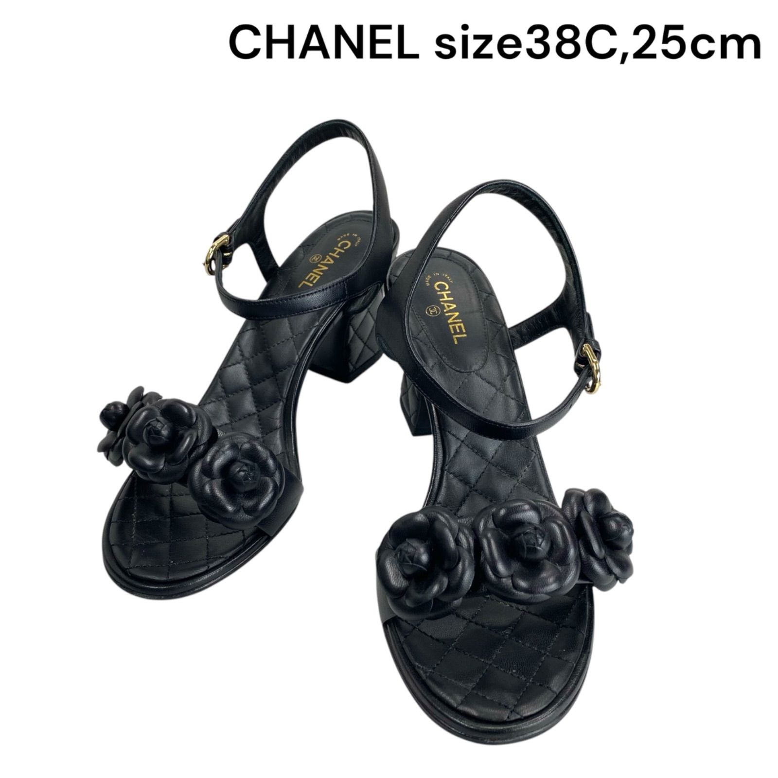 ○美品 シャネル CHANEL カメリア 38C、25cm サンダル アンクル 