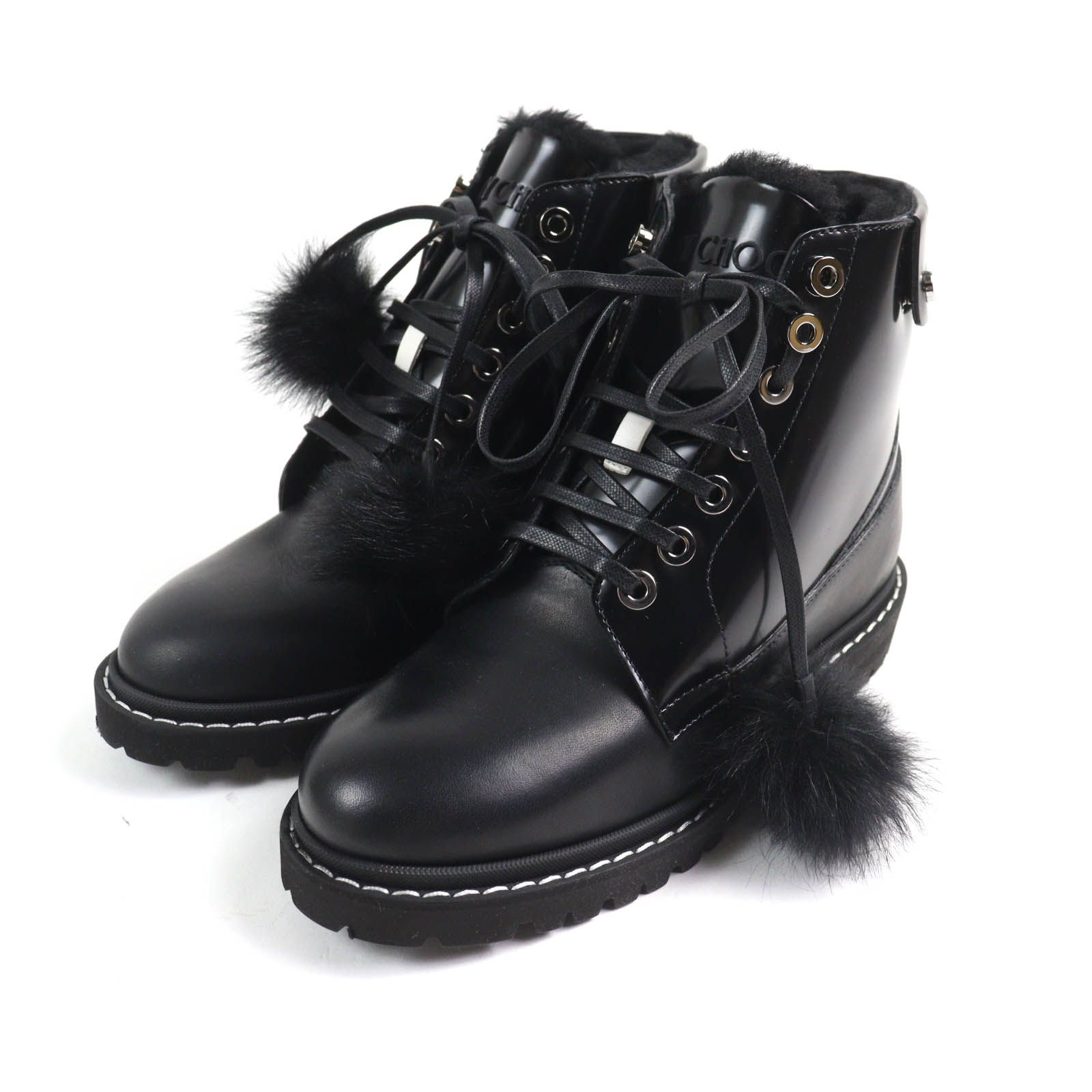 JIMMY CHOO ジミーチュウ SNOW FLAT ボンボンファー付 レースアップ カーフレザーブーツ ブラック 39.5 保存袋付き イタリア製 レディース