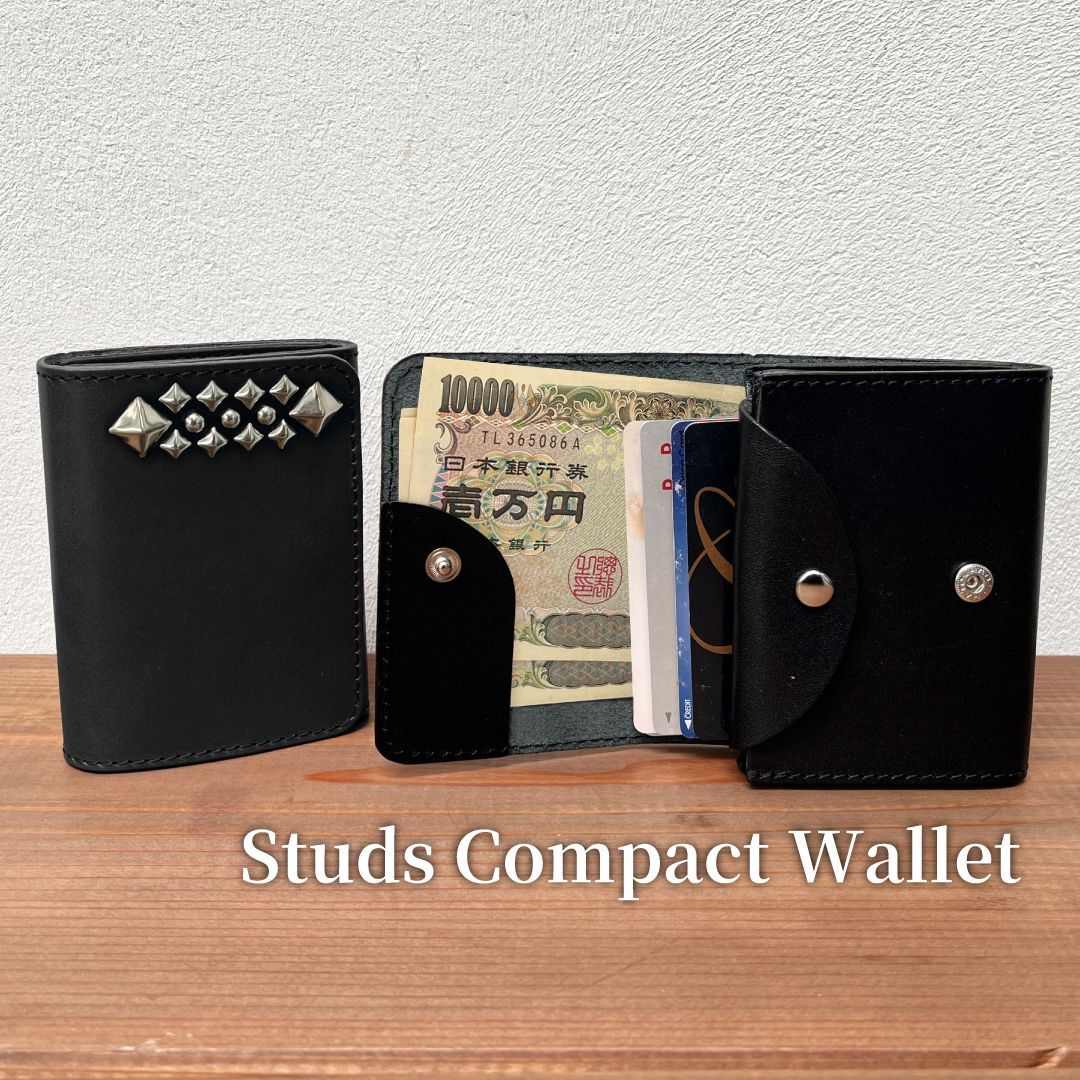 栃木レザー コンパクト財布 二つ折り財布 スタッズ財布 ミニ財布 新品 ブラック 栃木レザー スタッズウォレット コンパクト財布 二つ折り財布