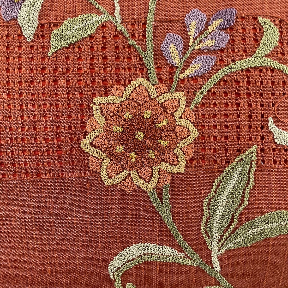 名古屋帯 美品 秀品 草花 相良刺繍 茶色 正絹 【中古】 名古屋帯