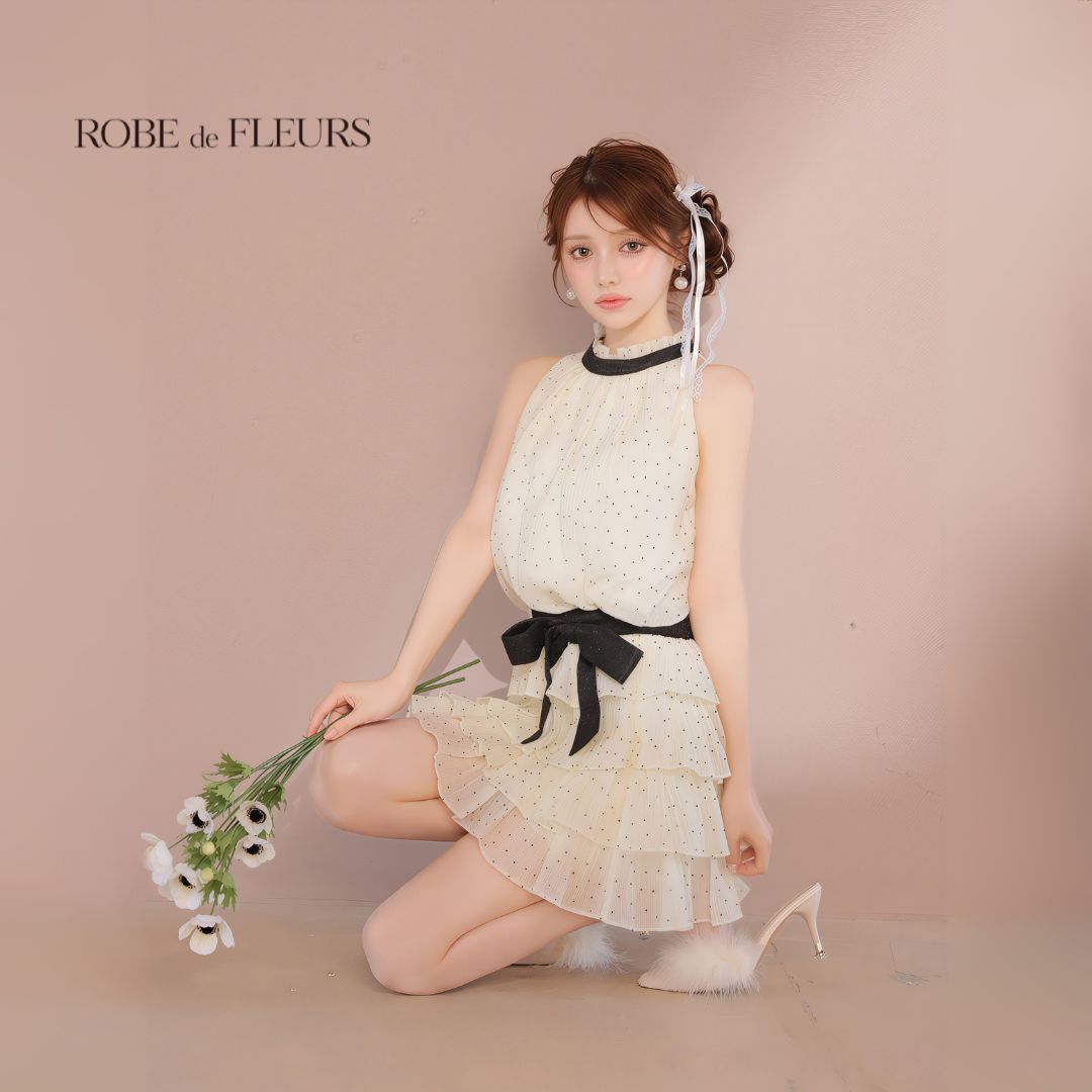 ROBE de FLEURS ローブドフルール fm3396 ドットオーガンジーウエストリボンティアードフ ミニキャバドレス Ivory MAAHADDERANG_COM