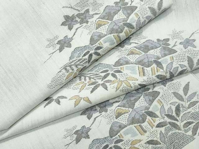 平和屋着物○小千谷紬 モロ入り 100亀甲 風景舞葉文 正絹 逸品 未使用