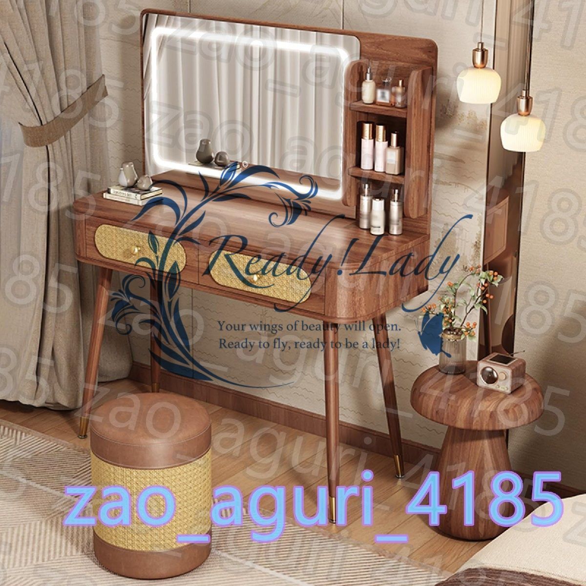 オシャレドレッサー大理石柄ベロア生地デスク80cmLEDミラチェアチェスト4点 オシャレドレッサー大理石柄ベロア生地デスク80cmLEDミラチェア