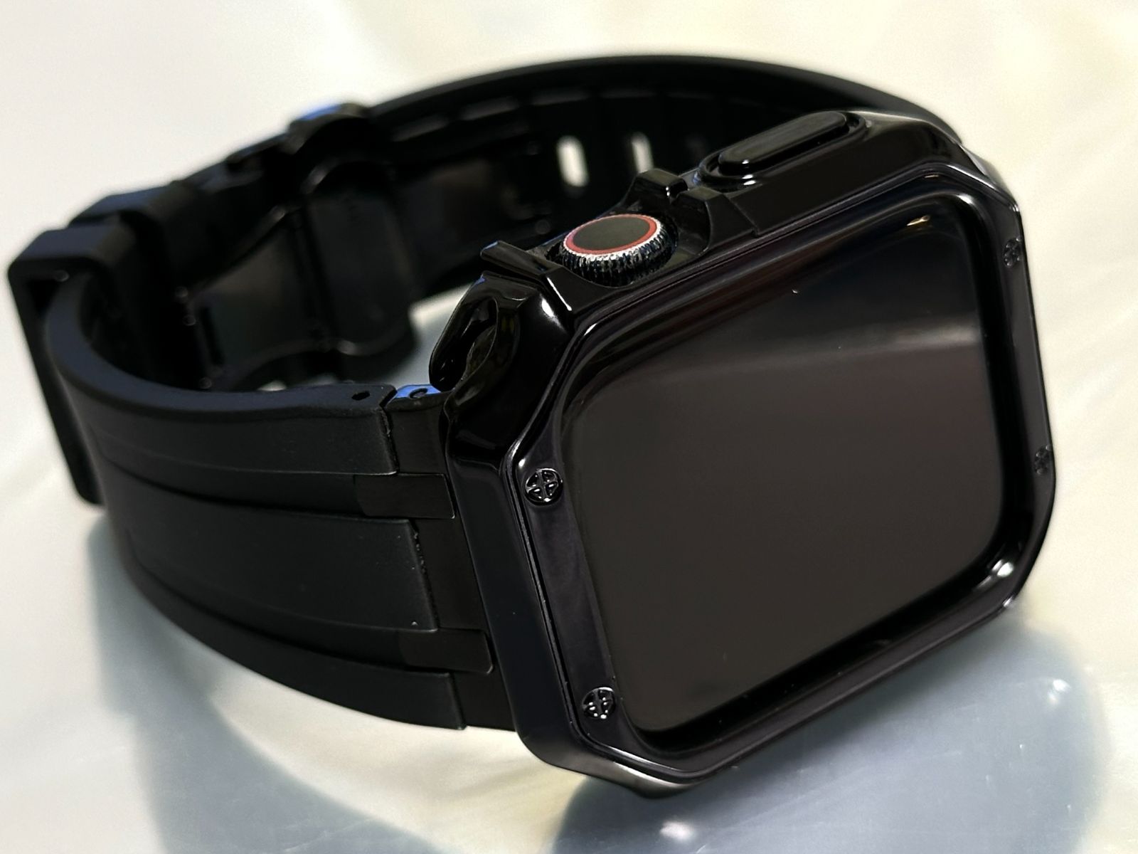 シームレス ブラック-ブラック アップルウォッチ 316Lステンレス ラバーベルト Apple Watch 厚ケース カバー series1〜9 38mm 40mm 41mm 42mm 44mm 45mm Apple Watch バンド