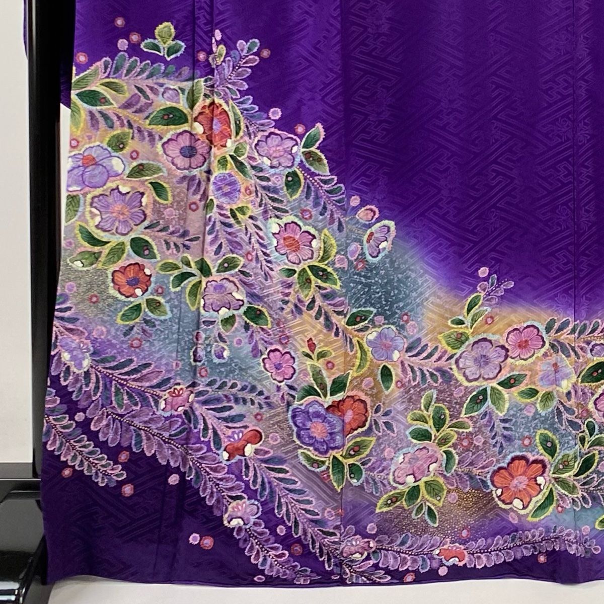 振袖 秀品 辻が花柄 金彩 絞り 濃紫 袷 身丈167cm 裄丈77cm L 正絹 
