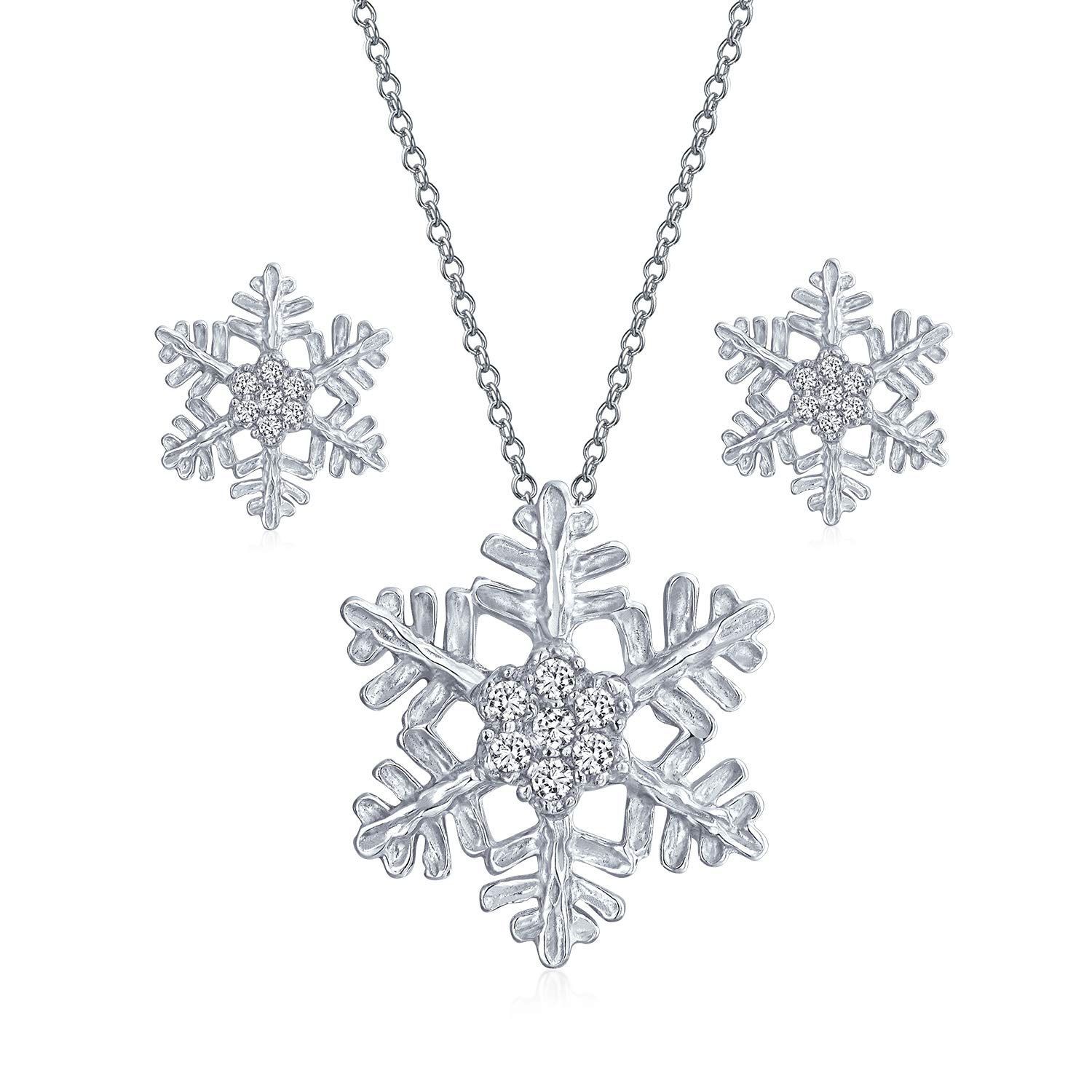 Bling Jewelry ホリデーパーティーウィンターフラワークリスマスジュエリーセットアイスブルーシーディーゼットアクセントブランチスノーフレークペンダントネックレススタッドイヤリングウィメンティーンズ.925スターリングシルバー