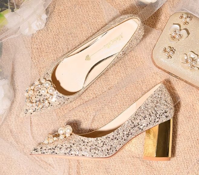 パールビジュー パーティーシューズ 太ヒール ウェディング 0708