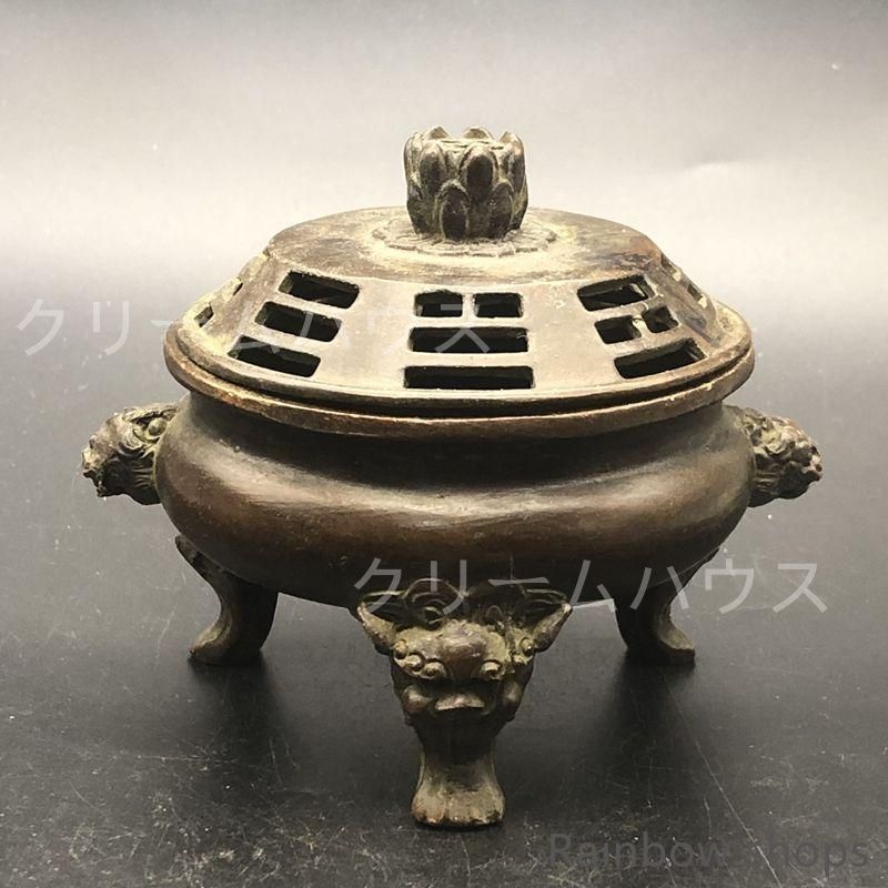 新品・未使用】新品未使用銅器 三足双獅頭香炉 蓮華蓋薫香炉