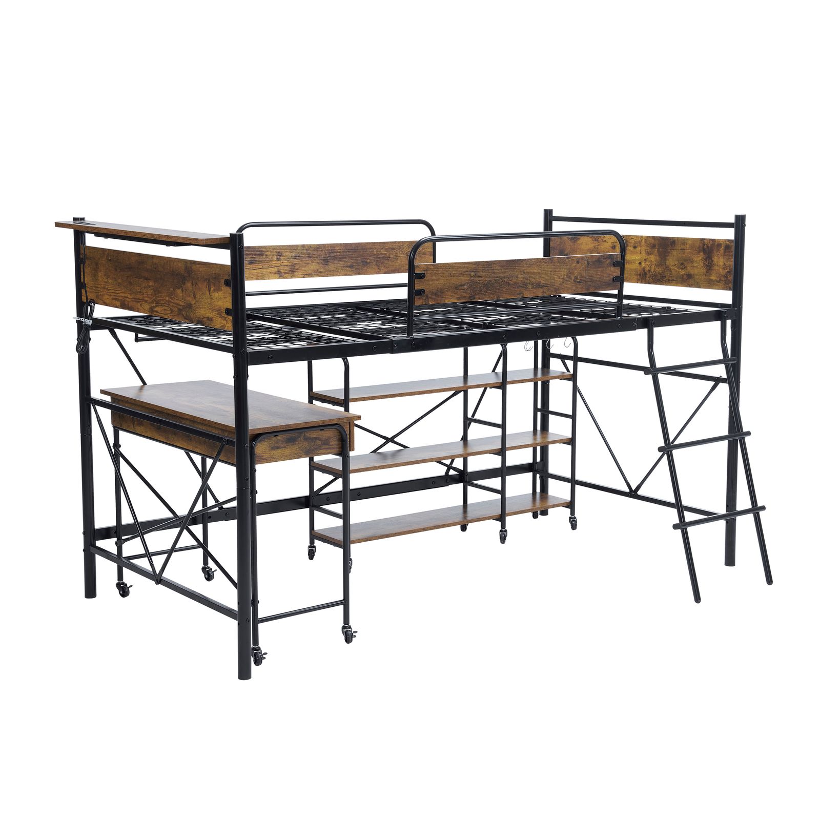 Homebliss システムベッド ベッド+デスク+ラック 3点セットロフトベッド パイプベッド シングル 耐荷重150kg ロータイプ ミドルタイプ  収納 北欧風 大人 一人暮らし ハンガーポール4本付属 送料
