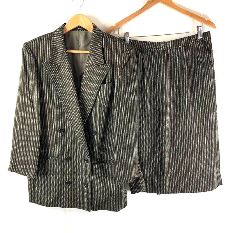 ダックス Daks セットアップ スーツ ジャケット スカート 裏地付き サイドポケット ストライプ 袖ボタン ブラウン系 948432
