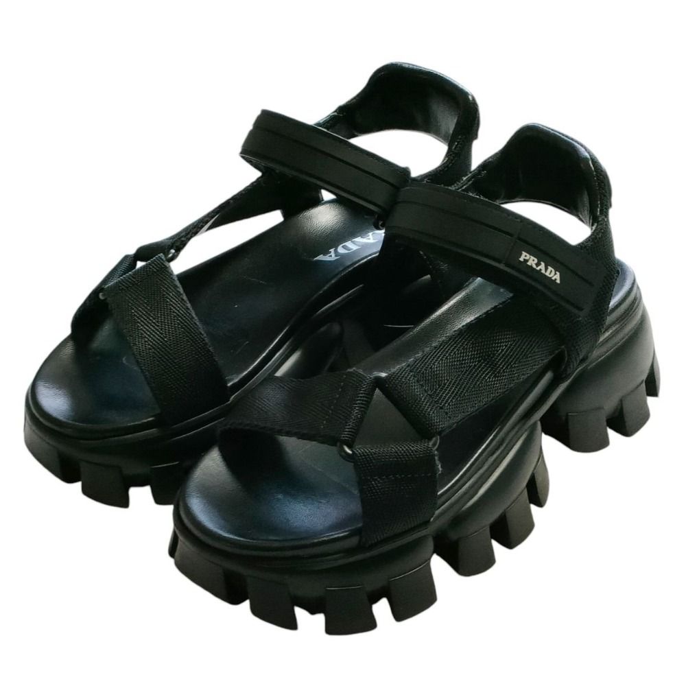 プラダ ブラック ストラップサンダル ブラック レザー ストラップサンダル | PRADA