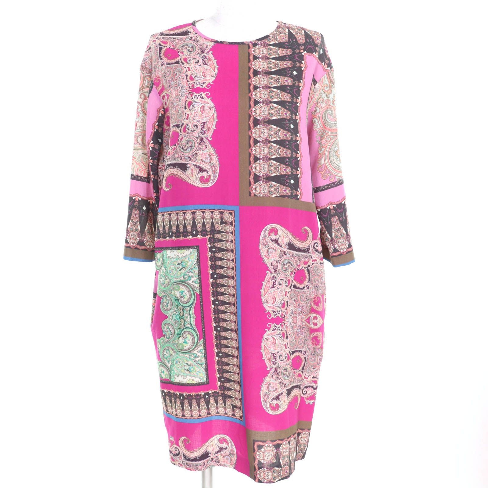 ETRO エトロ ウール100％ ペイズリー柄 オブロング ネック 七分袖 ひざ丈 ワンピース ピンク マルチ 38 イタリア製 レディース