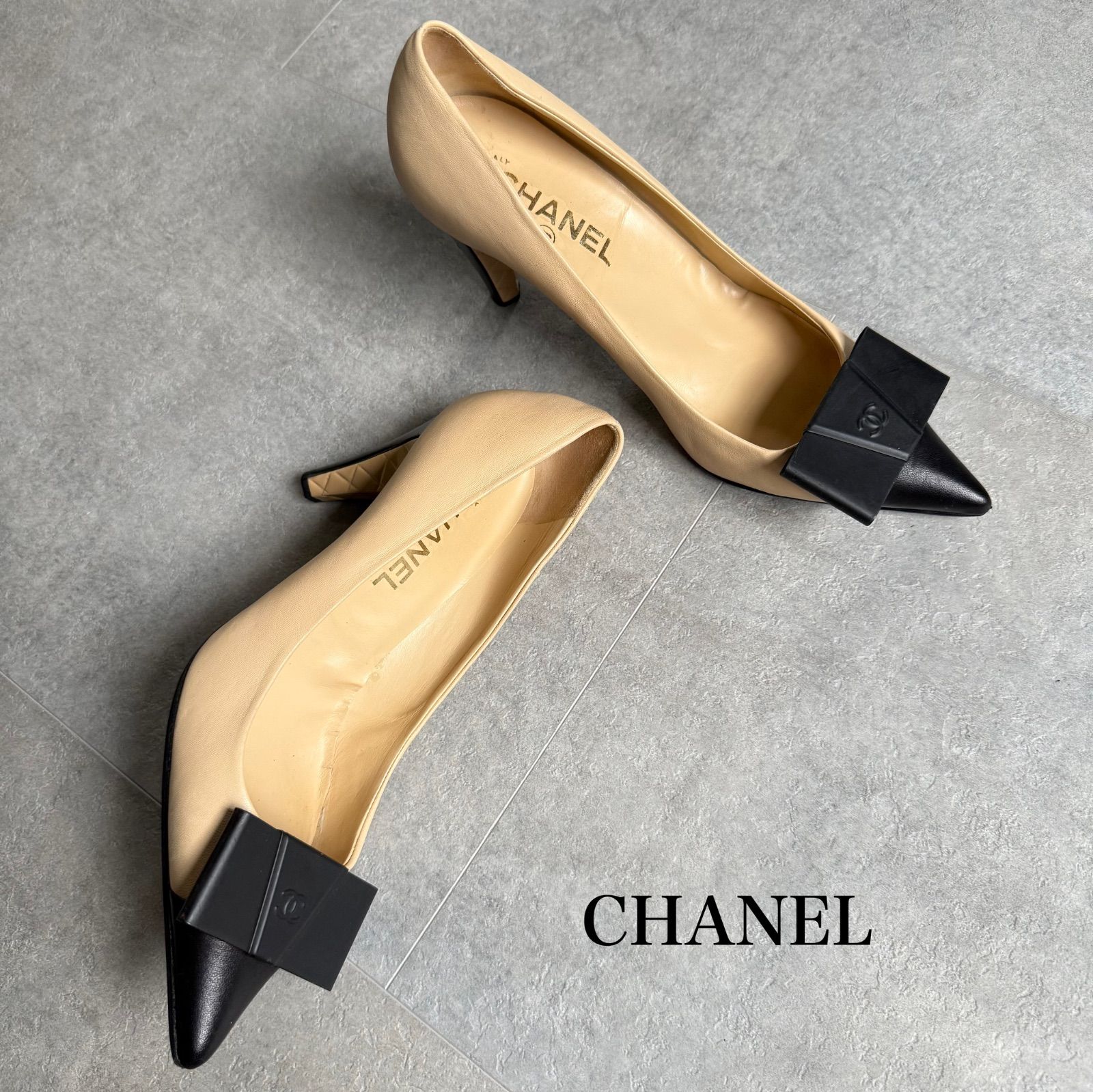【正規品】CHANEL シャネル　パンプス　ココマーク　りぼん CHANEL シャネル リボンパンプス ココマーク バイカラー ポイン