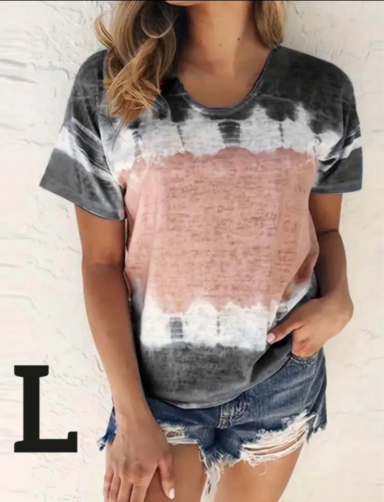 レディース カラーブロックタイダイ柄クルーネック半袖Tシャツ