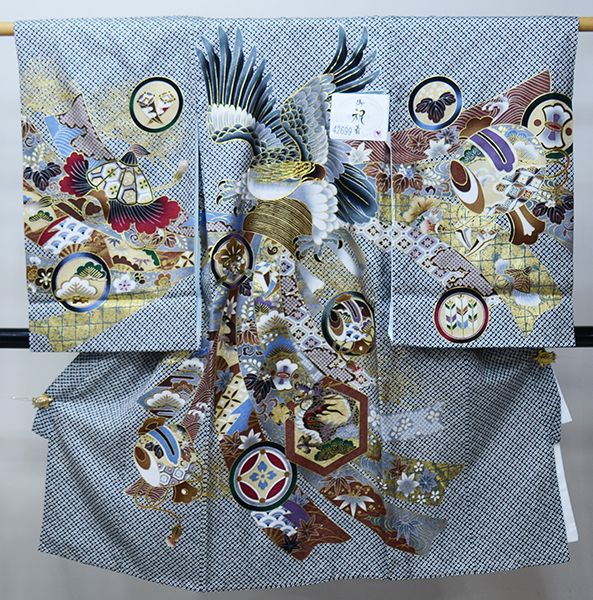 お宮参り 産着 のしめ 男児 男の子 正絹 総疋田柄 豪華絢爛 金刺繍 黒色 鷹 祝着 一つ身 掛け着 熨斗目 NO42699