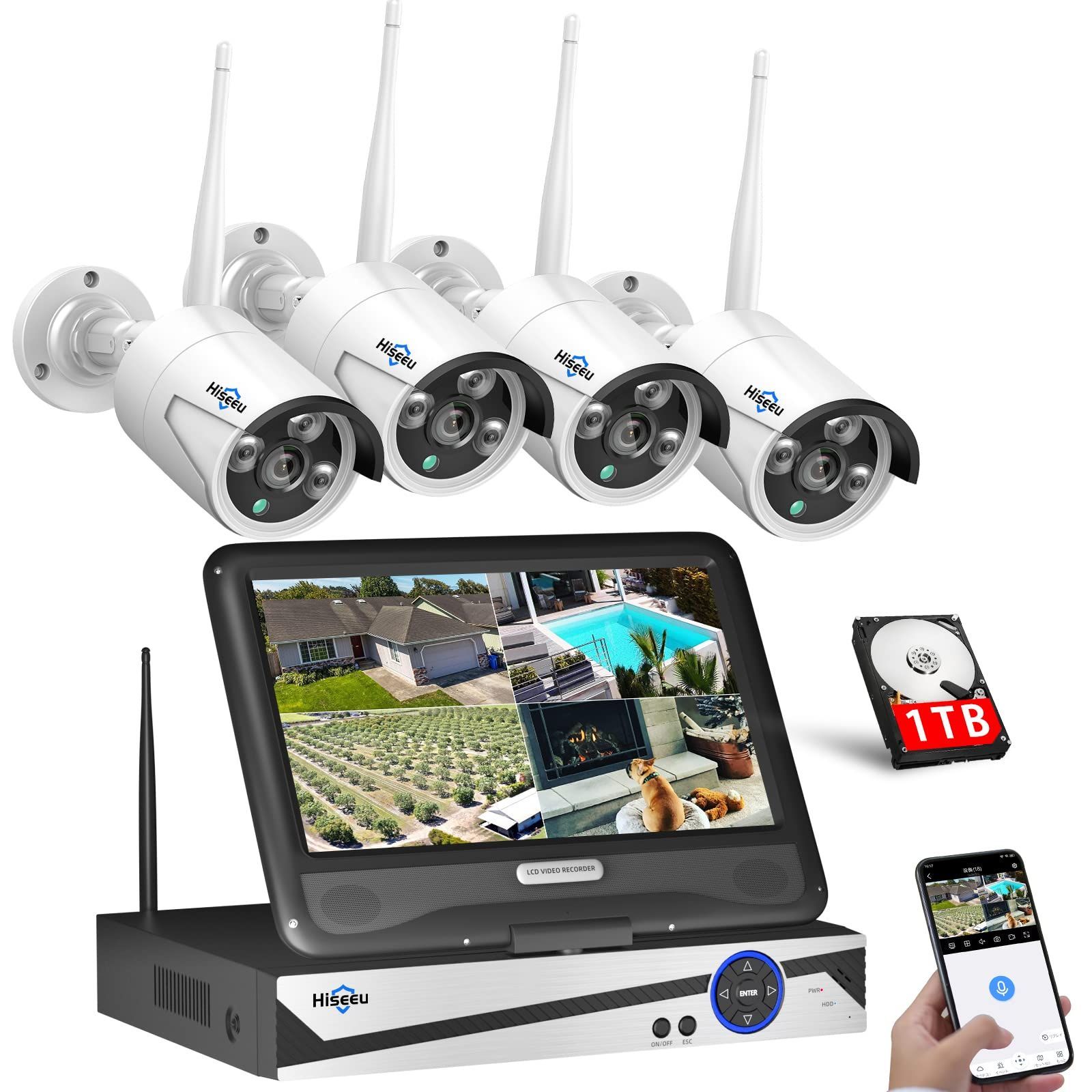 遠隔監視 500万画素カメラ 防水等級ip66 カメラ4台 動態検知 8チャンネルまで増設可 屋内 屋外 NVR 10.1インチ 防犯カメラ 屋外セキュリティカメラ 500万画素カメラ4台＋10チャンネル500万画素の録画機＋1TB Hiseeu