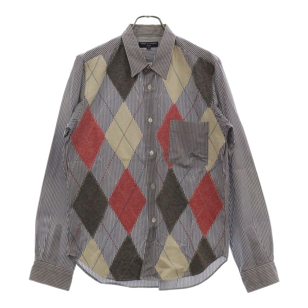 COMME des GARCONS HOMME (コムデギャルソンオム) 09AW ストライプ パッチワーク 長袖シャツ ホワイト/ブルー HD-B016 AD2009