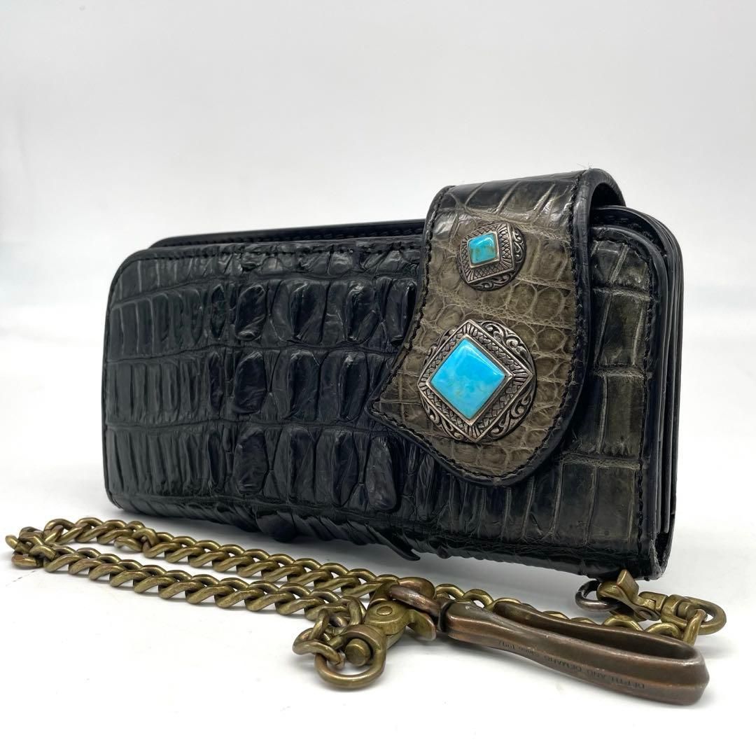 MUD MONKEY マッドモンキー バイカーズウォレット 長財布 ロングウォレット クロコダイル ターコイズ チェーン 黒