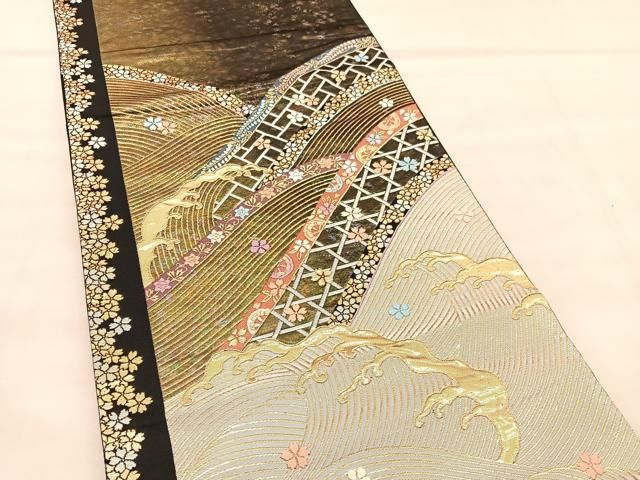平和屋着物◎六通柄袋帯 唐織 立波有職花文 黒地 金銀糸 正絹