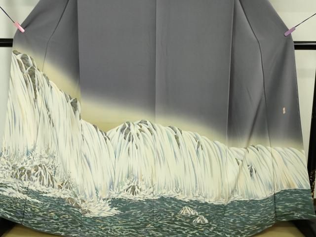 平和屋本店□極上 十日町友禅作家 林静穂 訪問着 滝 暈し染め 薄鼠色地  