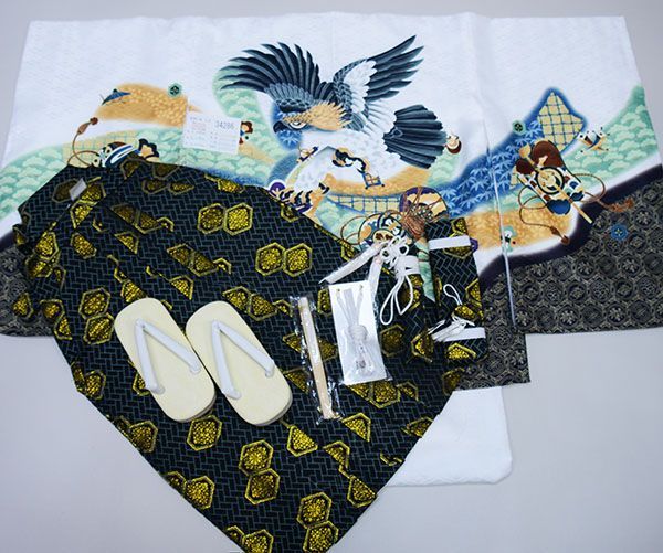 七五三 五歳 男児 羽織袴フルセット 紋袴 綸子地 白地 鷹 袴変更可能