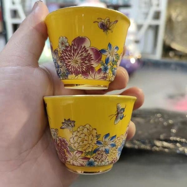 未使用品  桃紋10客  中国美術 湯呑み 茶器  茶杯 煎茶道具 松風 古い茶器セット(急須+蓋茶碗5客) 桃柄 桃図 植物画 竹持ち