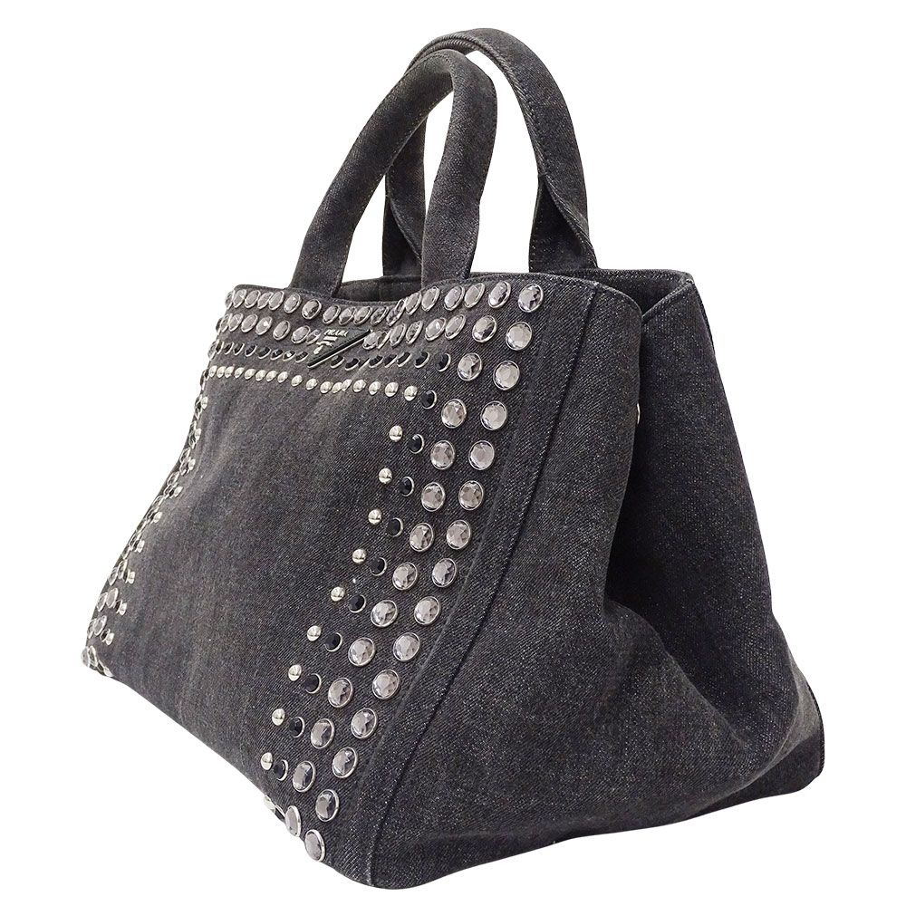 【美品】プラダカナパトートバッグ　ハンドバッグ　ビジュー　スタッズ　デニムバッグ プラダ PRADA バッグ レディース ブランド トートバッグ デニム