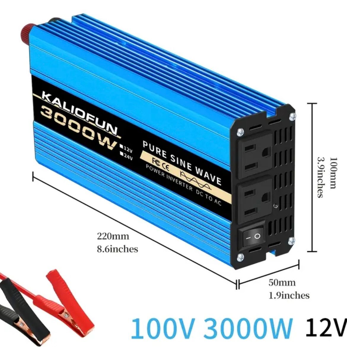 パワーアインバーター 3000W 純正弦波 DC12V AC100V 60Hz 2ソケット 