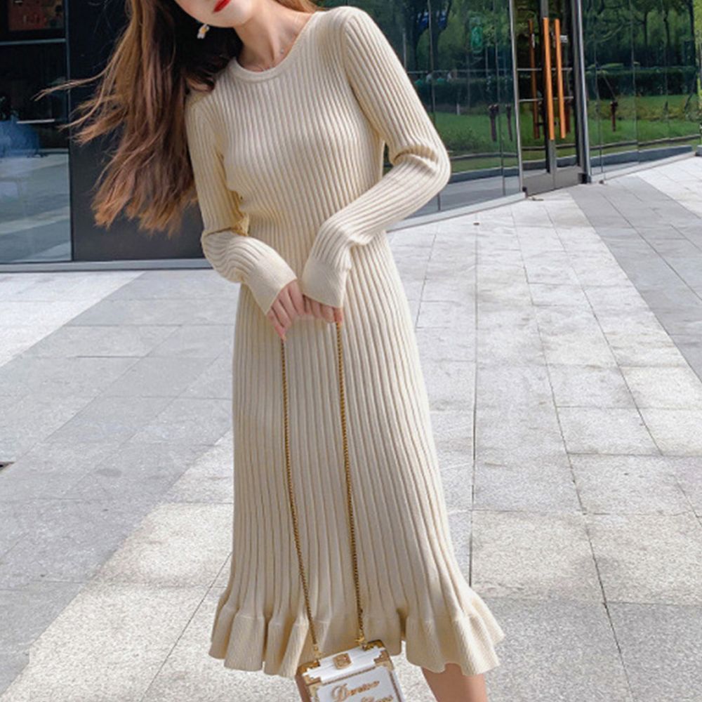 ニットワンピース プリーツ ロング 長袖 フリル フェミニン 韓国 楽天市場】ニット ワンピース ロングワンピ フリル ハイネック