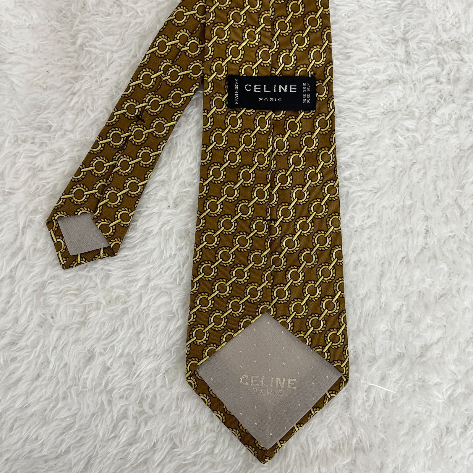美品》CELINE (セリーヌ) シルクネクタイ 鎖 ストライプ 総柄